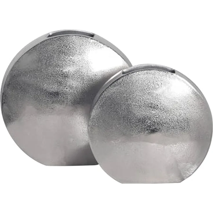 WOHNLING Deko Vase 2er Set Silber Aluminium, Handgefertigte Tischvase Rund für Blumen, 35 cm und 28 cm hoch