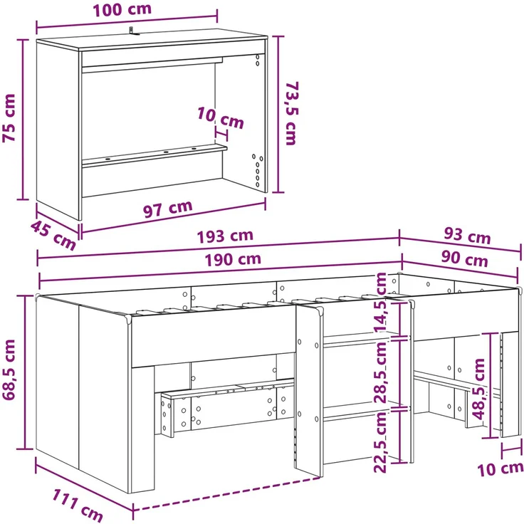 vidaXL Hochbett mit Schreibtisch für Kinder 2 stk. Betongrau 3423473 – Bild 8