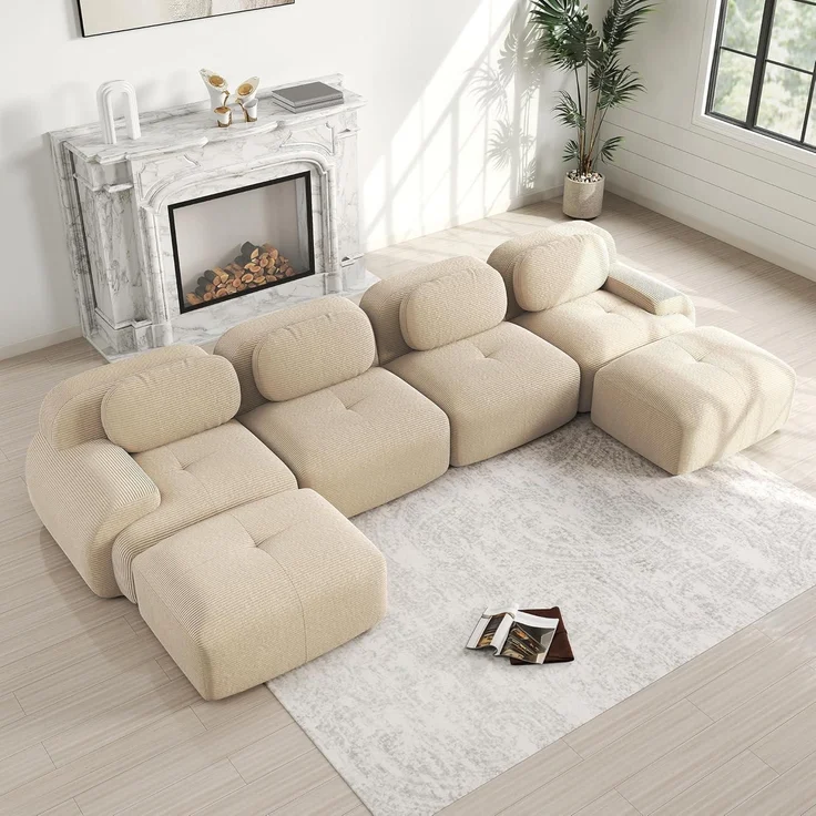 Sofa Uförmiges Cordstoff Wohnzimmer Wohnung Beige J 4 Sitzer 2 Hocker – Bild 3
