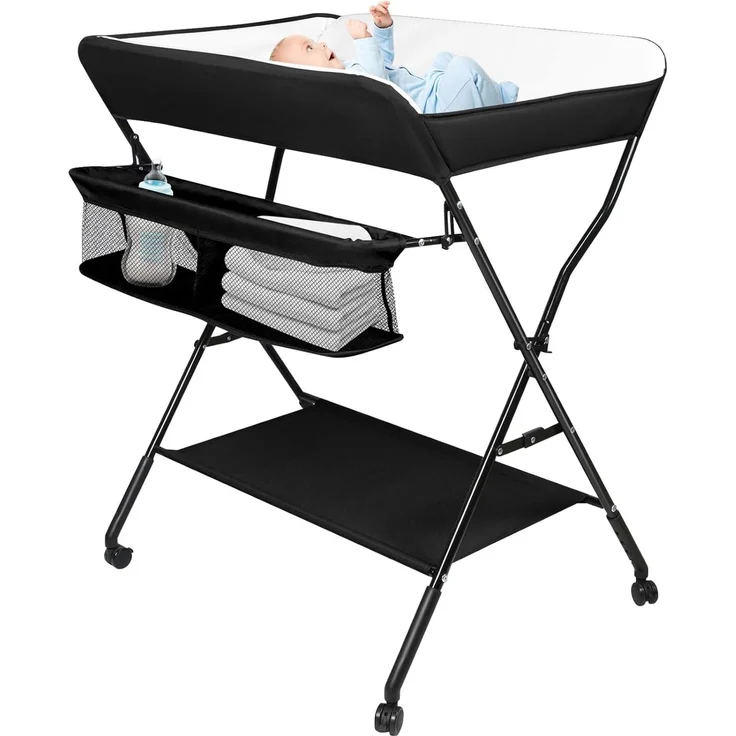 Wickeltisch - höhenverstellbare Wickelkommode für Unterwegs, hochwertige Stoffqualität, Klappwickeltisch mit Rollen und Stauraum, Reisewickelkommode Mit Rollen-86 * 62 * 96 cm-schwarz – Bild 1