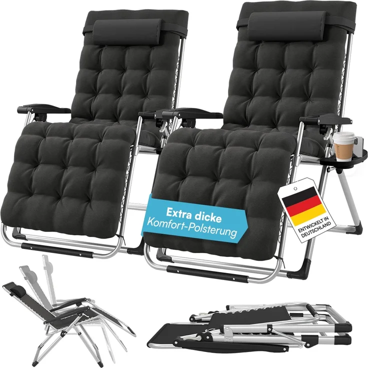 STEELSØN 'Lysira' Liegestuhl, klappbar & wetterfest, schwarz/silber, Sonnenliege mit extra dicker Polsterauflage, verstellbarer Gartenstuhl, bis 200 kg belastbar, 2er Set – Bild 1