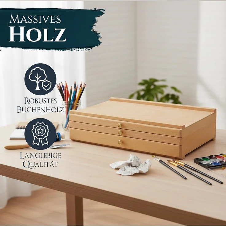 Artina Aufbewahrungsbox Malkoffer leer Troyes mit 3 Schubladen (BxTxH), 41x26x11cm, Utensilienkoffer Holzkoffer aus Buchenholz - Malkoffer – Bild 3
