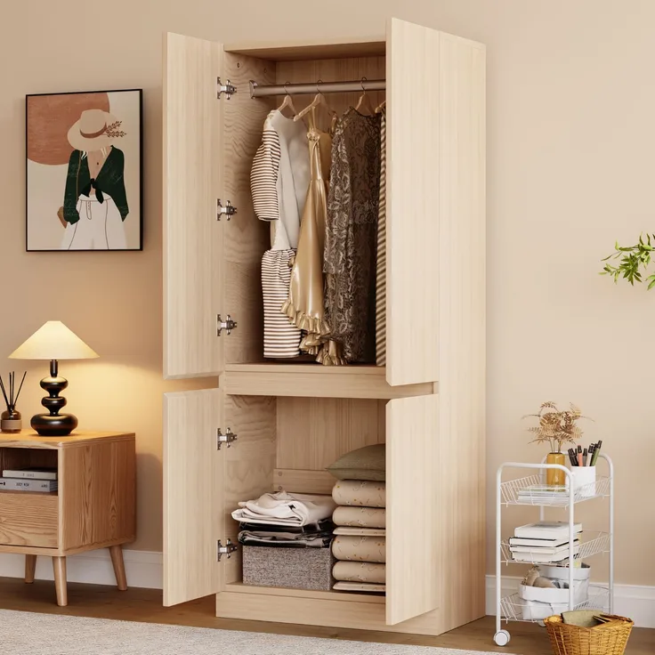 CHICFURN Kleiderschrank 70x170x40 cm aus Holz mit Doppeltüren – Stauraum auf zwei Ebenen Naturholz