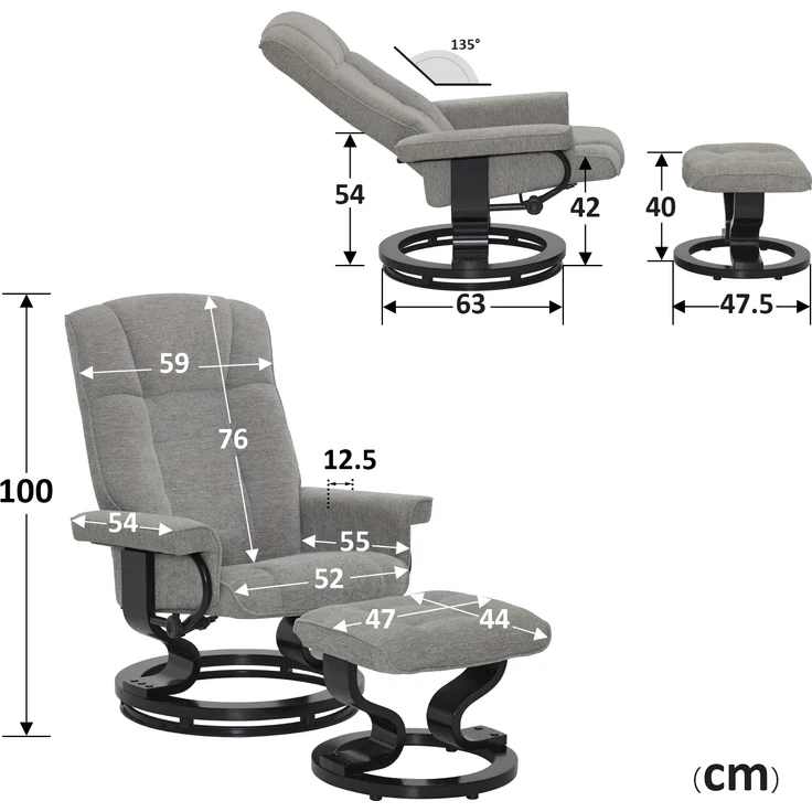 M MCombo Relaxsessel mit Hocker, 360° Drehbarer Fernsehsessel mit Liegefunktion, bis 120 Kg Belastbarer TV-Sessel, Moderner Ruhesessel für Wohnzimmer, Stoff, 9019 (Hellgrau-Stoff) – Bild 3