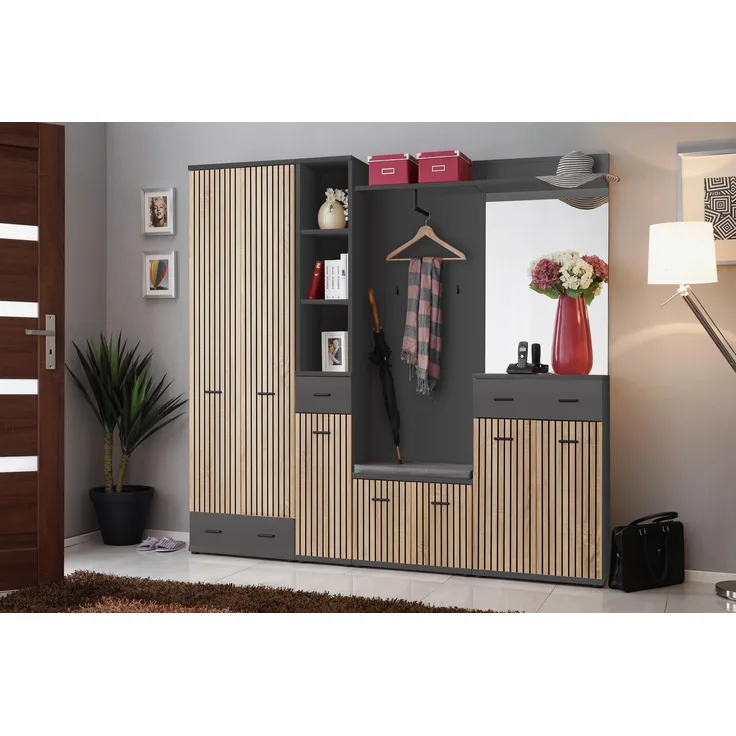 Diele Marco 4 ohne Kissen in Anthrazit und Artrisan mit Streifen Aufdruck 180 x 203 x 32 cm 6-teilig
