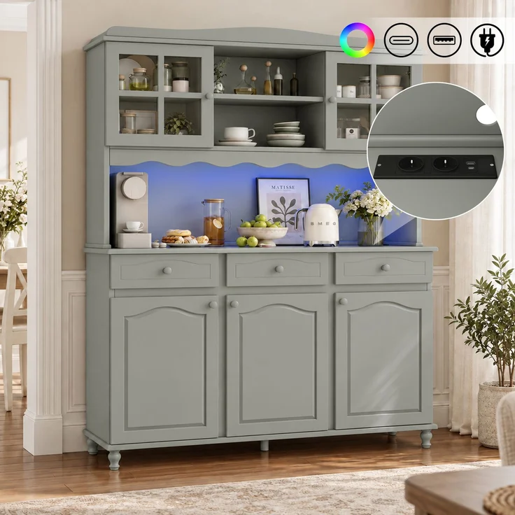 EINHOM Buffetschränke, Esszimmer-Hochschrank 135 x 40 x 185 cm, Mehrstufigem Stauraum, Integrierter Steckdose sowie USB-C- und USB-A-Anschlüssen, Farbiger LED-Streifen, Graugrün – Bild 1