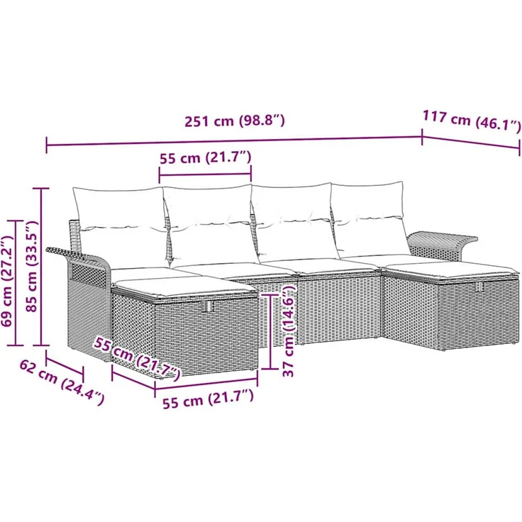 vidaXL Garten-Sofa-Set mit Kissen mit Speicher 6 pcs Beige Poly Rattan 3360251 – Bild 12