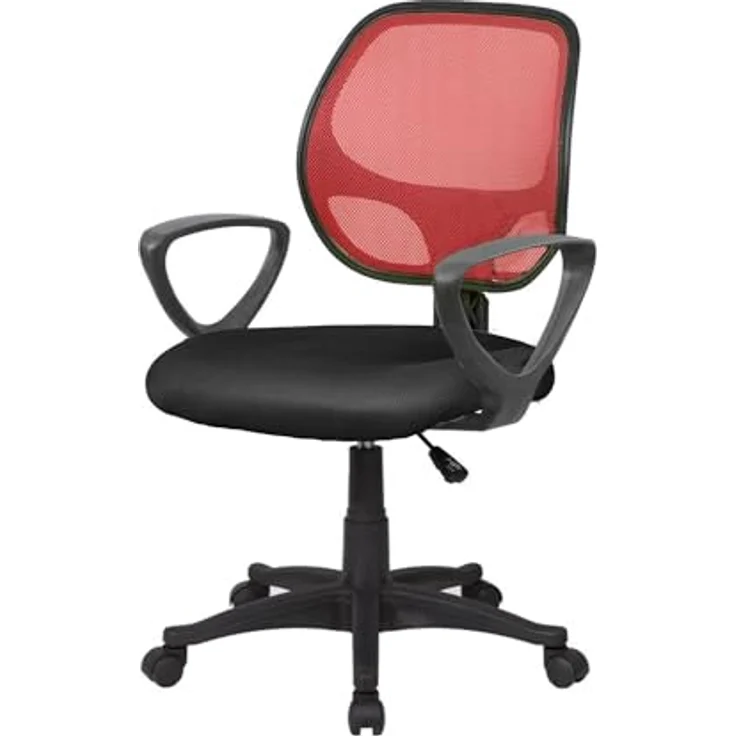 Dmora - Stuhl mit Rädern Geraldton, Mesh-Arbeitsstuhl mit Armlehnen, ergonomischer Bürositz, 56x57h88/100 cm, Schwarz und Rot – Bild 2