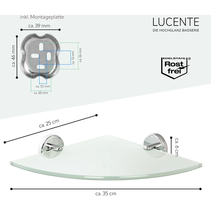 bremermann Bad-Serie LUCENTE - Glaseckablage inkl. Klebeset, Glasregal, Badregal aus Glas und Edelstahl, verchromt – Bild 7