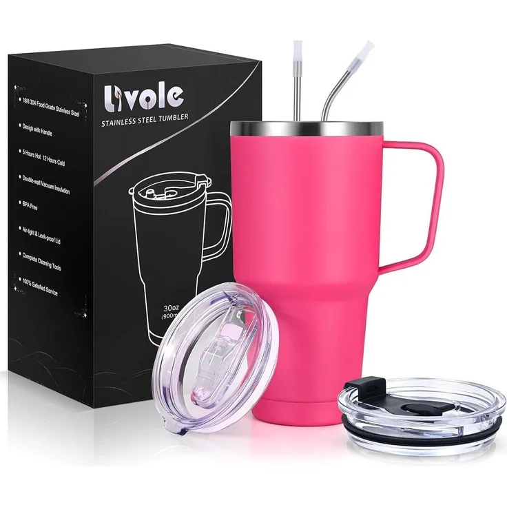 Livole 30oz Edelstahl Thermobecher mit Strohhalm und Henkel, Rosenrot