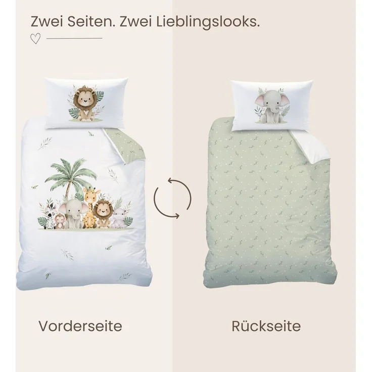 MTOnlinehandel Babybettwäsche Safari 100x135 cm Flanell, Löwe, Elefant & Freunde, 100% Baumwolle, 2 teilig, Kuschelige Kinderbettwäsche mit Safari-Tieren – Bild 4