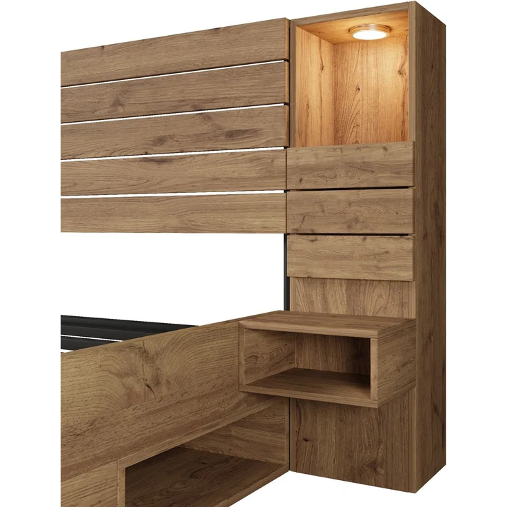Holzbett Doppelbett 160×200cm Eichenoptik mit LED-Downlights, integrierter USB & Type-C Ladestation, beleuchtete Nische, schwebende Nachttische, Unterbett-Schubladen Stauraum, stabiler Metallrahmen ohne Matratze – Bild 9