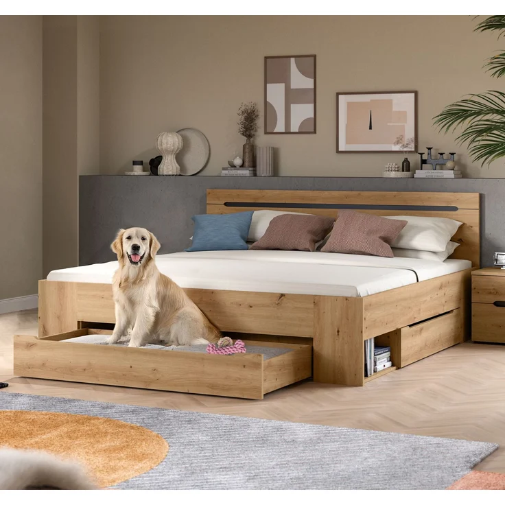Bett Sova 180x200, Modernes Bett in Eiche-Optik mit Schubladen & Fächern – Bild 7