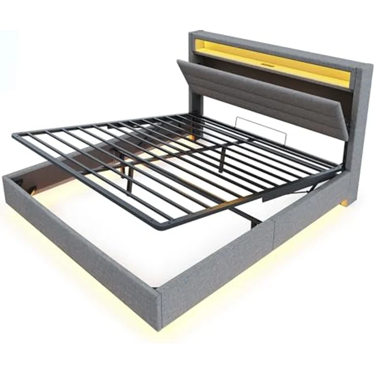 Ball & Cast Polsterbett 160x200 cm Schwebebett mit Beleuchtung, Wendbares Kopfteil und Ladestation, Bett 160x200 mit Stauraum, Modern Doppelbett mit Lattenrost, Grau – Bild 10