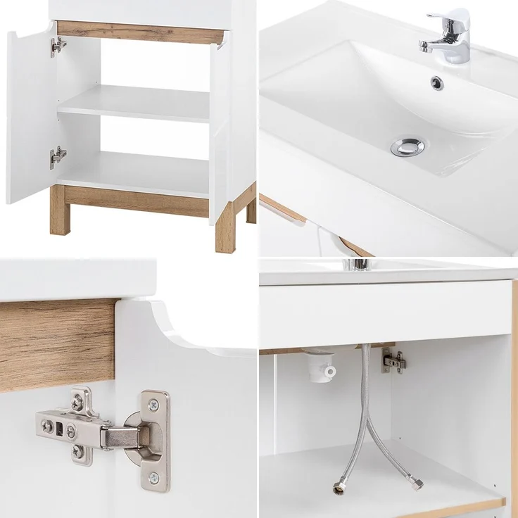 Badezimmermöbel Set mit 80cm Waschtisch & LED-Spiegelschrank SOLNA-56 in Hochglanz weiß, B/H/T ca.: 130/200/46 cm – Bild 5