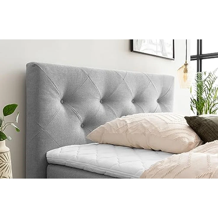 Belanoti MARBO Boxspringbett 140x200 mit Bettkasten 7-Zonen Taschenfederkern Matratze inklusive Visco Topper Bett 140x200 Eiche in der Farbe Hellgrau H2/H3 Polsterbett mit Massivholz Eiche – Bild 8