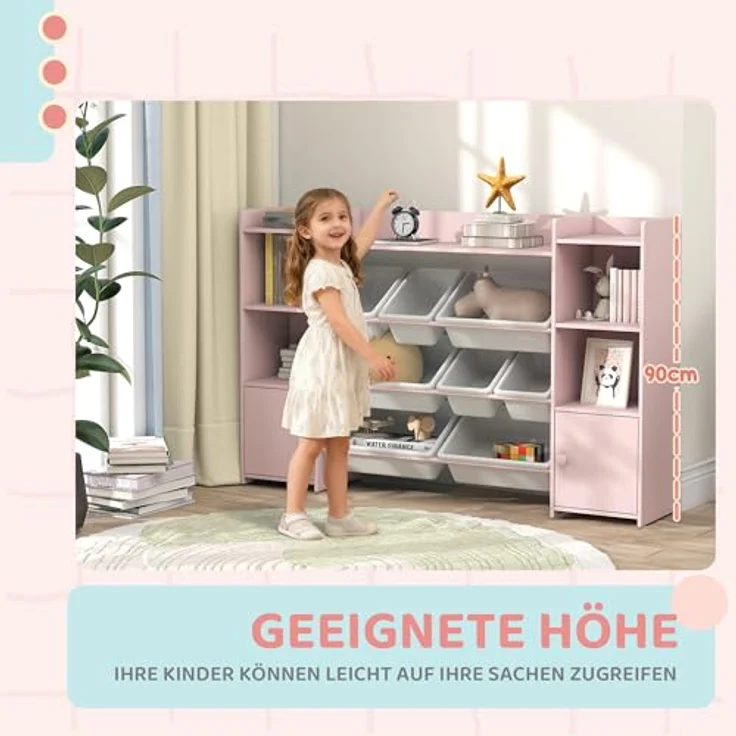 AIYAPLAY Kinderregal mit 8 herausnehmbaren Boxen, 4 offenen Fächern, 2 Schränkfach, Kinderregal 1-tlg, für Kinderzimmer, Spielzimmer, Wohnzimmer, 140 x 30 x 90 cm, Rosa – Bild 4