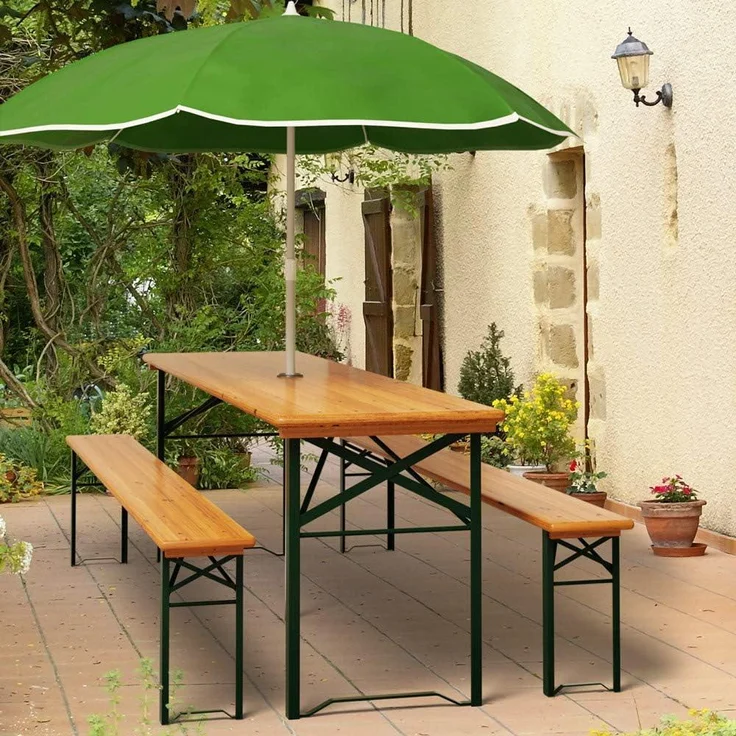 Casaria Bierzeltgarnitur, 3-tlg, Klappbar, Holz natur / Stahl grün, 75 x 46 x 170 cm – Bild 2