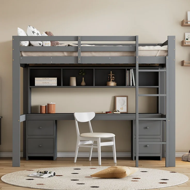 Hochbett 90x200 cm mit Schreibtisch und Stauraum,Kinderbett aus massivem Kiefernholz,Multifunktionsbett mit 4 Schubladen und 4 Regalfächern,Grau – Bild 3