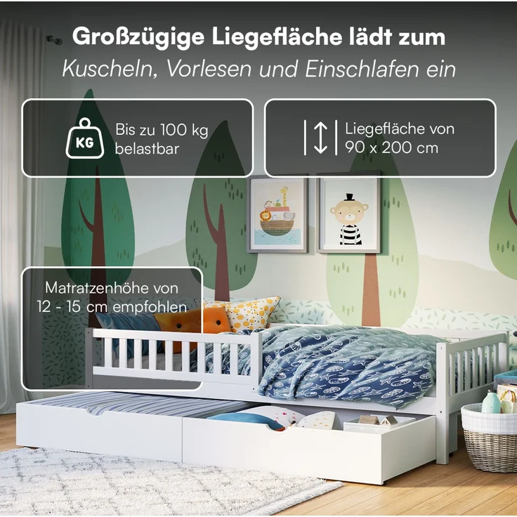 Bellabino 'Vils' Kinderbett 90x200 cm mit großer Schublade, weiß, Kiefer Massivholz, Montessori Bett mit Stauraum, mit abnehmbarem Rausfallschutz und Lattenrost – Bild 5