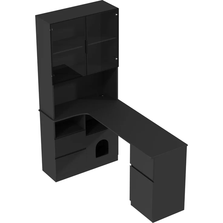 ZUBALIYA Eckschreibtisch mit Regal und LED-Vitrinenschrank 120×80×180 cm – Schreibtisch mit Kabeldurchlass, 3 Schubladen, 2 Türen, offenen Fächern,Ein Eckschreibtisch mit eingebautem Bücherregal,Schwarz – Bild 11