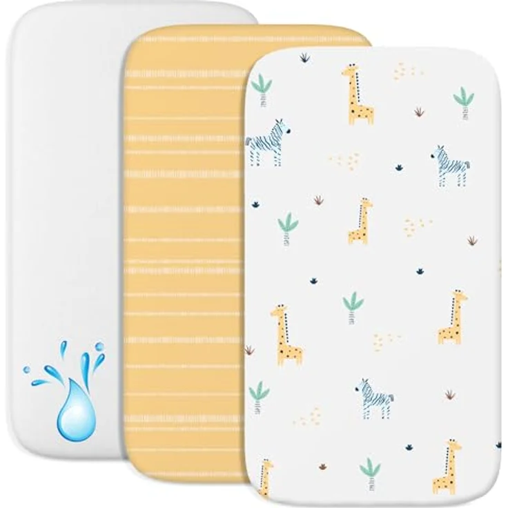 2X Spannbettlaken aus 100% Baumwolle mit Gummiband - 1X Matratzenschoner aus 100% wasserdichtem Material - 3er-Set - 50x83 cm - Savanne – Bild 2