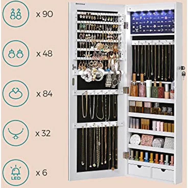 SONGMICS Schmuckschrank hängend, Spiegelschrank mit LED-Innenbeleuchtung, an der Tür hängend, MDF weiß, 37 x 9,3 x 108 cm – Bild 8