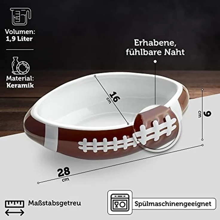 40YARDS Schüssel American Football Schüssel / Schale in American Football Form, Keramik, (Größe: XXL, maßstabsgetreu, 28 cm Länge) mit erhabener Naht – Bild 4