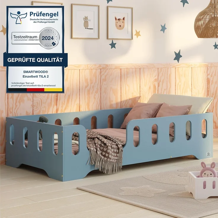 smartwood Kinderbett Bodenbett 140x200 mit Rausfallschutz & Lattenrost - Blau - Kinder Montessori Bett TILA 2L mit glatten Kanten - Betten für schnelle Montage - Bis 300 kg belastbar – Bild 1