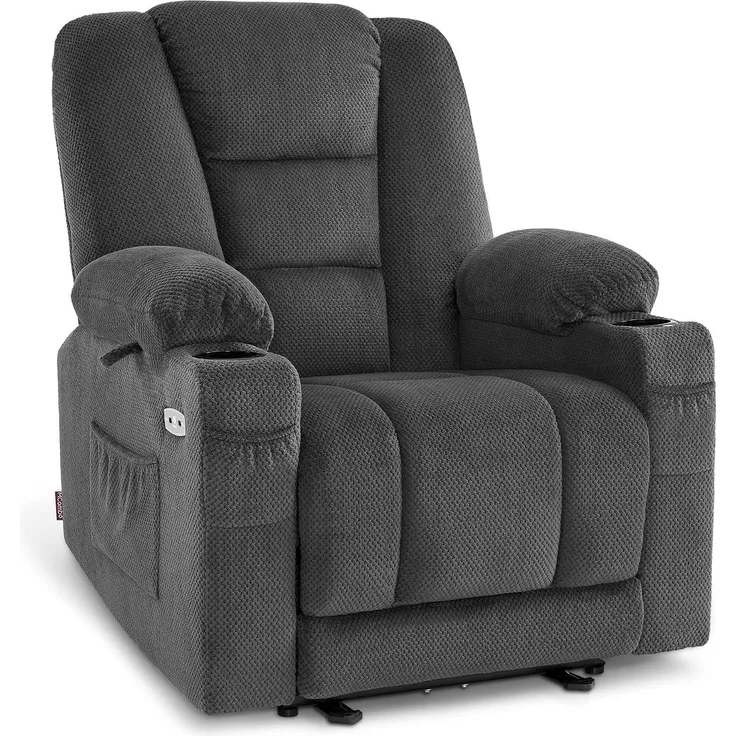 MCombo Relaxsessel mit Liegefunktion, Massage & Wärmefunktion, USB & Getränkehalter, Stoff Dunkelgrau, 94 x 90 x 105 cm