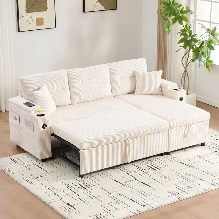LVHOM Ecksofa mit Schlaffunktion L-Form, Schlafsofa mit Bettkasten, Loungesofa mit USB-C-Anschluss, Seitentaschen und Becherhaltern, Polstersofa aus Cord, Bettsofa ausziehbar 3 Sitzer