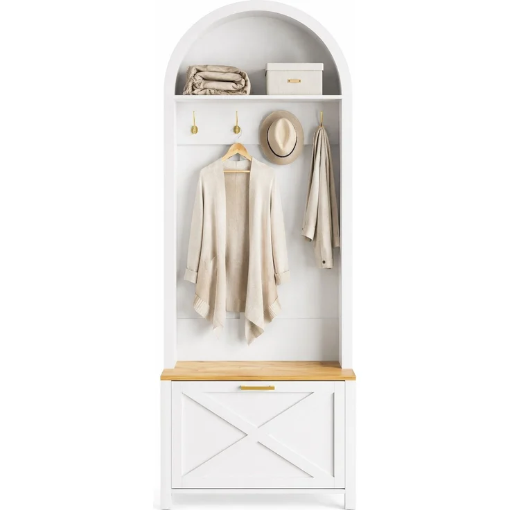 Garderobenschrank 75x35x195 cm in Holzfarbe/Weiß mit Haken, Ablage und Schuhfach – Bild 6