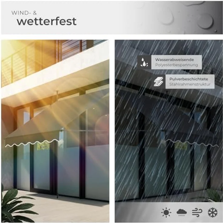 tectake® Klemmmarkise mit Handkurbel, Balkon Markise ohne Bohren, Markise höhenverstellbar, UV-beständig, wasserabweisend, Terrassenüberdachung, Sonnenschutz Terrasse & Balkon, 150 cm - schwarz/grau – Bild 5