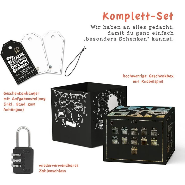 SURPRISA Geschenkbox Rätsel-Geschenkbox Happy Birthday mit Glitzer, originelle Geburtstagsbox mit Zahlenschloss zum Geburtstag – Bild 2