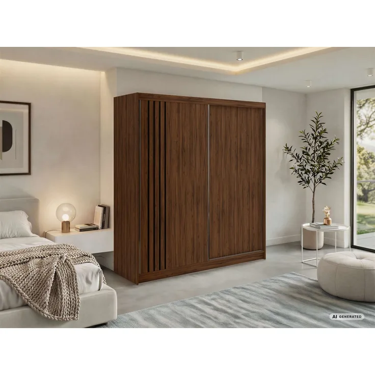 Schwebetürenschrank NAURU mit Lamellen-Optik, moderner Kleiderschrank, Breite 200 cm, inkl. Innenausstattung & Stauraum, Akustikpaneel-Design - Warmia-Nuss und Schwarz - mit Schubladen