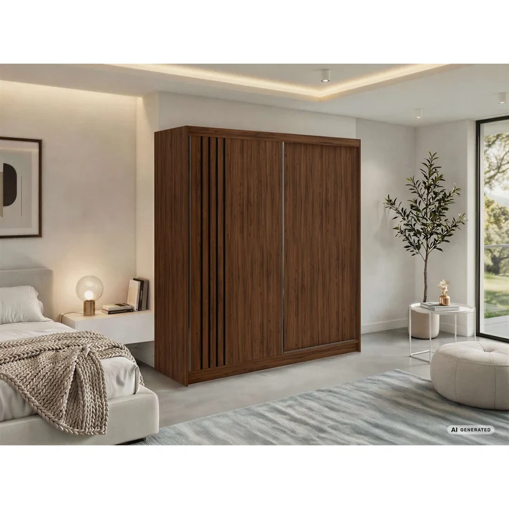 Schwebetürenschrank NAURU mit Lamellen-Optik, moderner Kleiderschrank, Breite 200 cm, inkl. Innenausstattung & Stauraum, Akustikpaneel-Design - Warmia-Nuss und Schwarz - mit Schubladen – Bild 1
