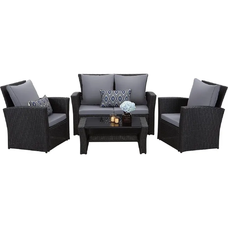 MeXo Gartenlounge-Set Balkonmöbel Set, (Handgefertigtes Poly Rattan Gartenmöbel Set, 4-tlg, 2-Sitzer Sofa, 2 Sessel, Tisch mit Stauraum, 8 Auflagen für 4 Personen), wetterfest Terrassenmöbel Set, Lounge Möbel Outdoor