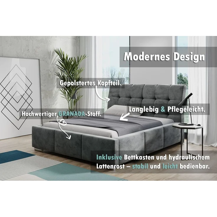thematys Polsterbett mit Bettkasten & Lattenrost – Stauraumbett 140x200cm – Bild 2