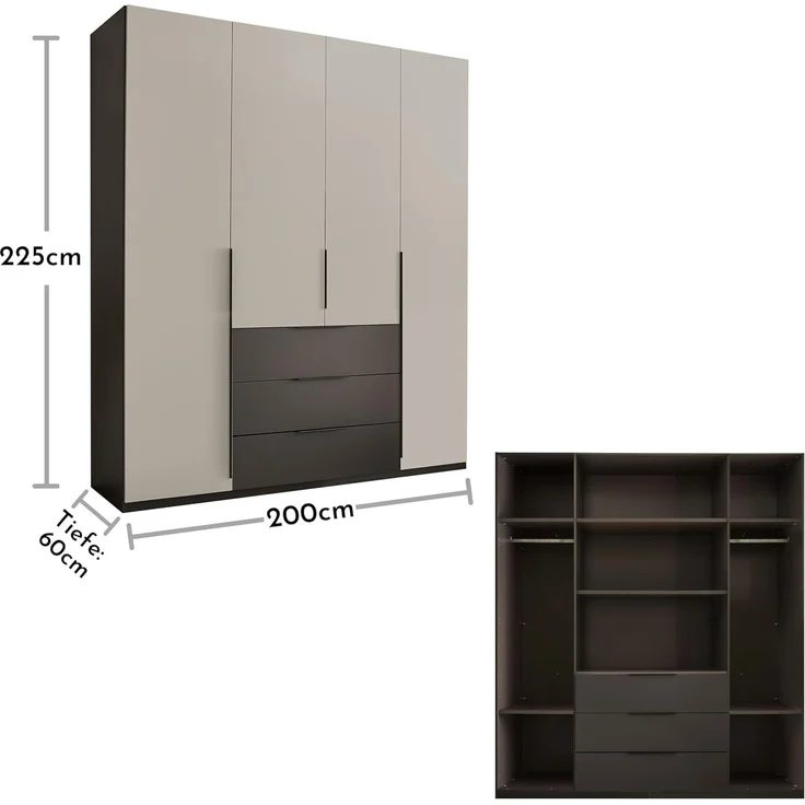 Stella Trading Nuka Kleiderschrank in Hellgrau, Graphit - Vielseitiger Drehtürenschrank 4-türig für Ihr Schlafzimmer - 201 x 226 x 60 cm (B/H/T) – Bild 3