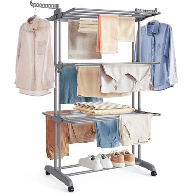 SONGMICS Wäscheständer, Standtrockner 4 Ebenen, Flügelwäscheständer, klappbare Flügel, mit Rollen, 63,5 x 128 x 173 cm, groß, einfacher Aufbau, Taubengrau LLR701G01 – Bild 1