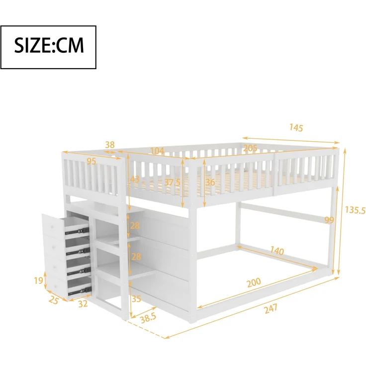 Merax Etagenbett Kinderbett Hochbett 140x200cm mit oberem Lattenrost und 4 Schubladen, Weiß – Bild 4