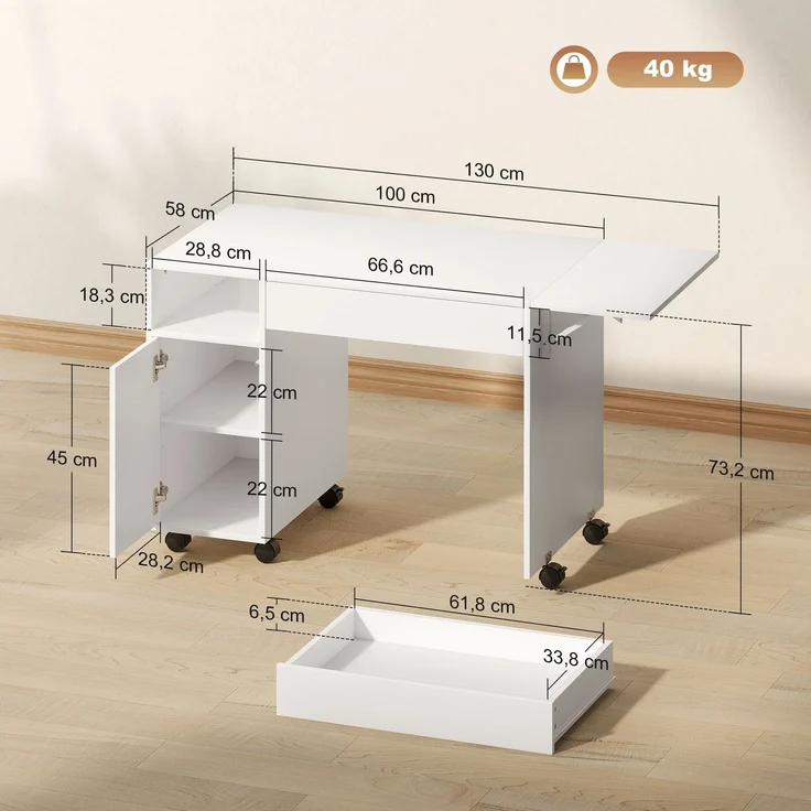 MELAYR, Rollbarer Computertisch, klappbarer Schreibtisch mit Schrank und Schublade, Spanplatte, Weiß, 130 x 58 x 73.2 cm – Bild 5