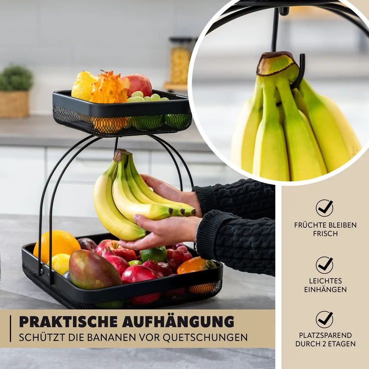 eluno Obstschale 2-stöckig mit Bananenhalter aus schwarzem Metall, Metall, (1-tlg) – Bild 3