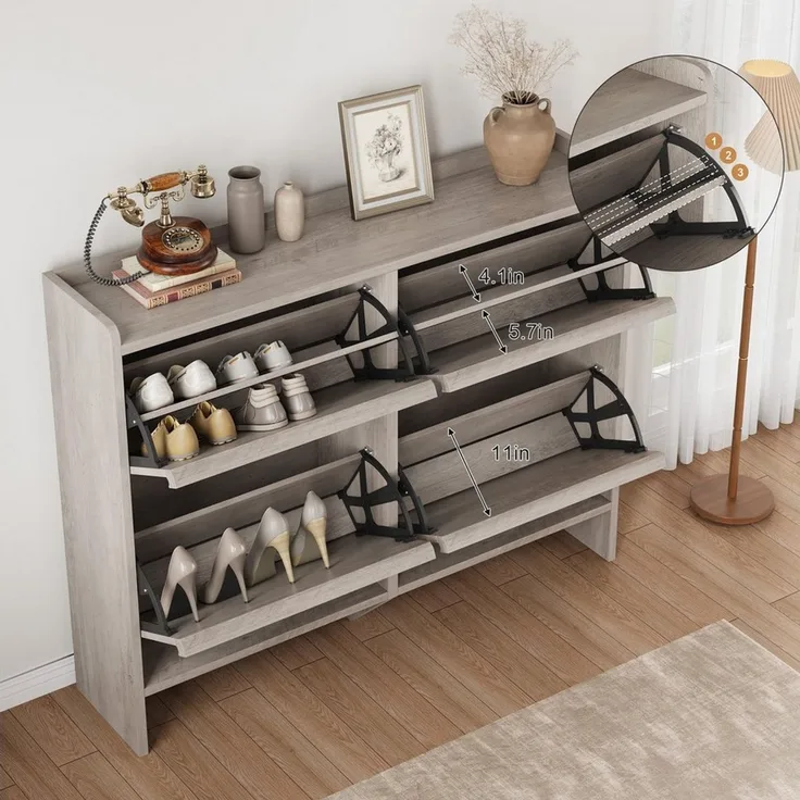 GarveeMore Schuhschrank mit 4 Klappen & Holzgriffe, Grau, 120 x 93 x 26 cm Minimalistischer Stil