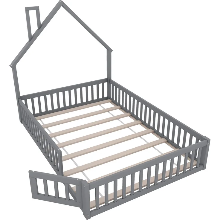 Kinderbett 140x200 cm mit Schornsteinform, Hausbett mit Sicherheitsgitter, Holzbett für Kinderzimmer, Jugendbett, Bettgestell,Grau – Bild 6