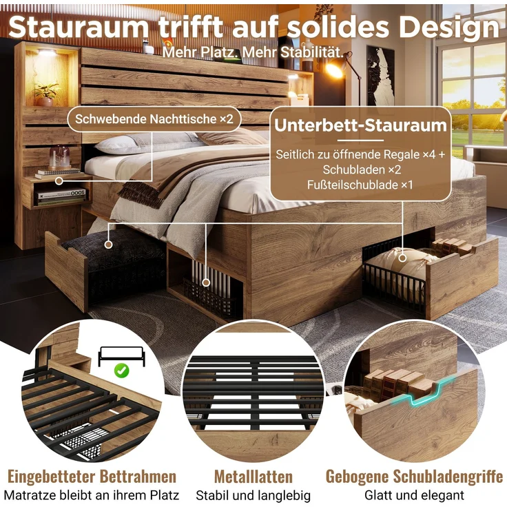 Holzbett 180x200 cm, Doppelbett und Erwachsenenbett, mit LED-Downlights, USB & Type-C Ladestation und schwebenden Nachttischen, Eichenoptik – Bild 6