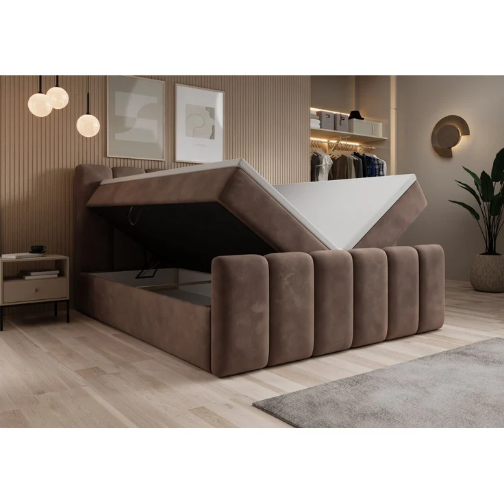 thematys Boxbett mit Bettkasten 180x200cm, mit Bonnellfederkernmatratze H3, Bouclé/Velours, mit Stauraum, mit 3 cm Topper, Taupe (Velluto 29) – Bild 4