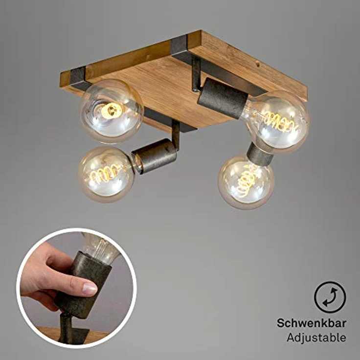 BRILONER - Deckenlampe Vintage schwenkbar, Holzbasis, E27 Fassung, max. 25 Watt, Deckenleuchte, Lampe, Wohnzimmerlampe, Schlafzimmerlampe, Küchenlampe, Deckenstrahler, 28 x 28 x 9 cm, Holz-Schwarz – Bild 4