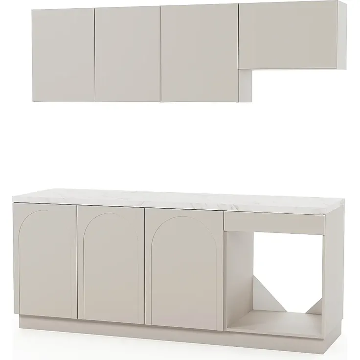 Vente-unique - Komplette Küche - Mit Arbeitsplatte 200 cm - Beige und weißer Marmoreffekt - NALYRA