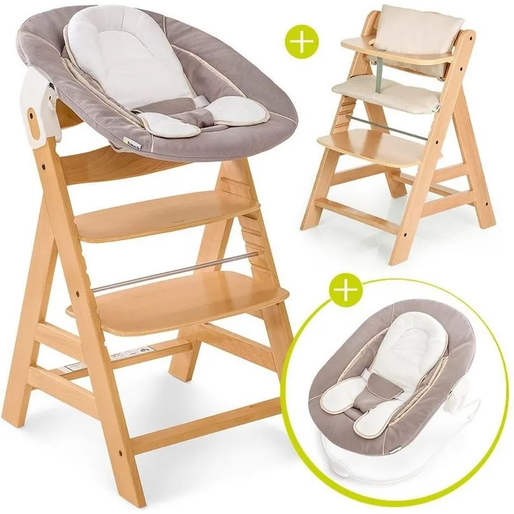 Hauck Hochstuhl Alpha Plus Natur - Newborn Set (Set, 4 St), Holz Babystuhl ab Geburt inkl. Aufsatz für Neugeborene & Sitzauflage
